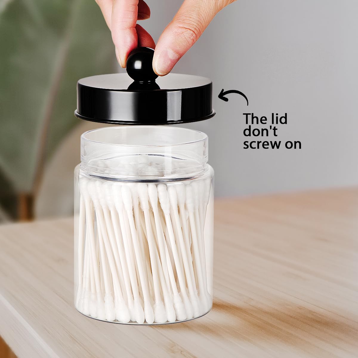 Amolliar Apothecary Jars Bathroom Vanity Storage Organizer Set -Countertop Canister Plastic Acrylic Jar - Farmhouse Decor Qtip Holder for Cotton Swabs,Makeup Sponges,Flossers ,Paper Clips-Black (4)
