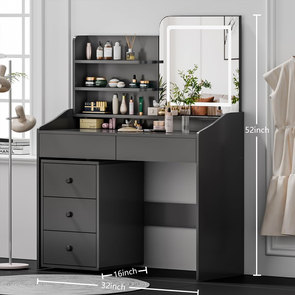 Oiroporz Vanity Desk with LED Mirror, Movable Cabinet, 5 Drawers & Open Shelves, 3-Color Adjustable Lighting for Bedroom