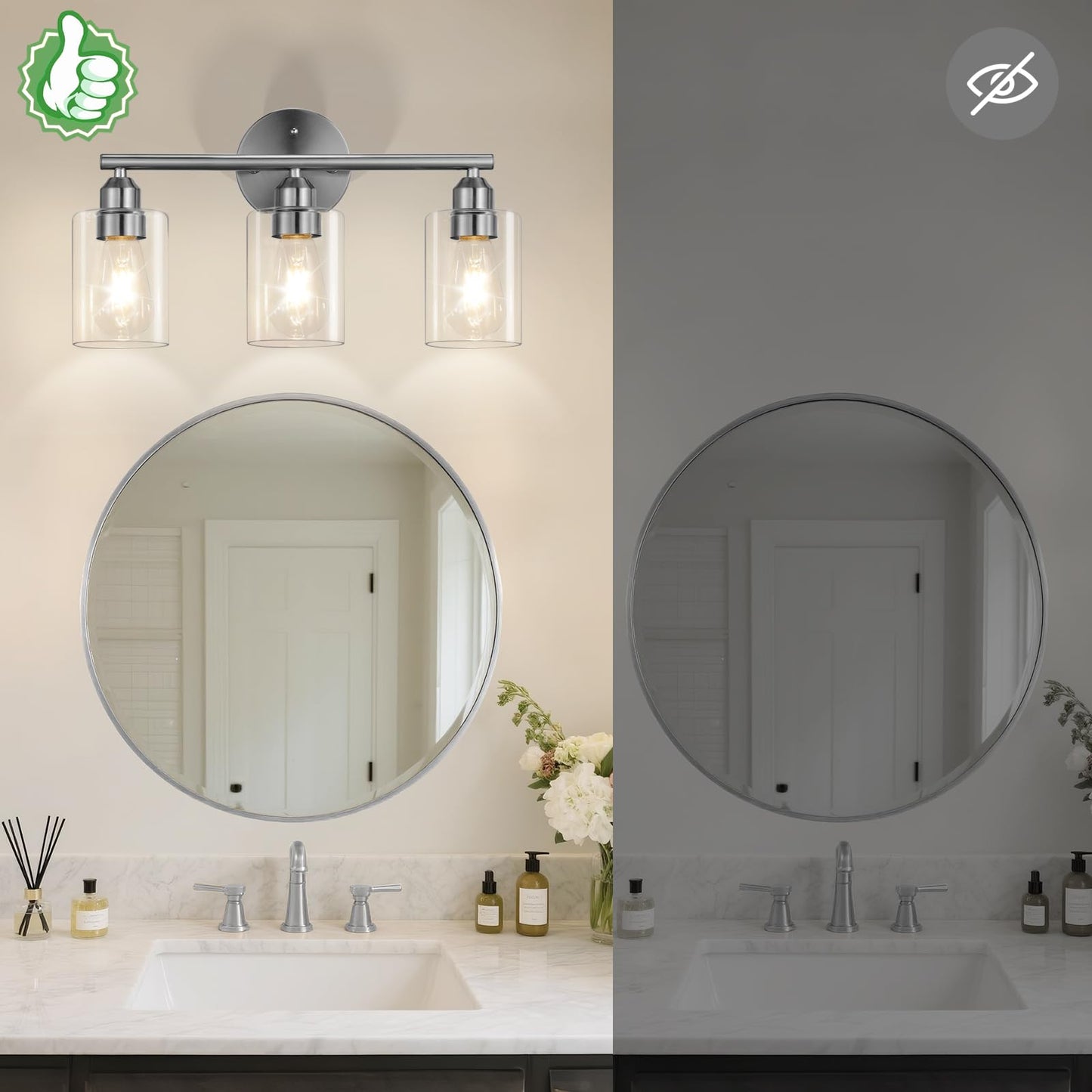 Percantis 3-Light Bathroom Vanity Light Fixture, Modern Wall Lamp for Mirror with Clear Glass Shade, Silver Finish