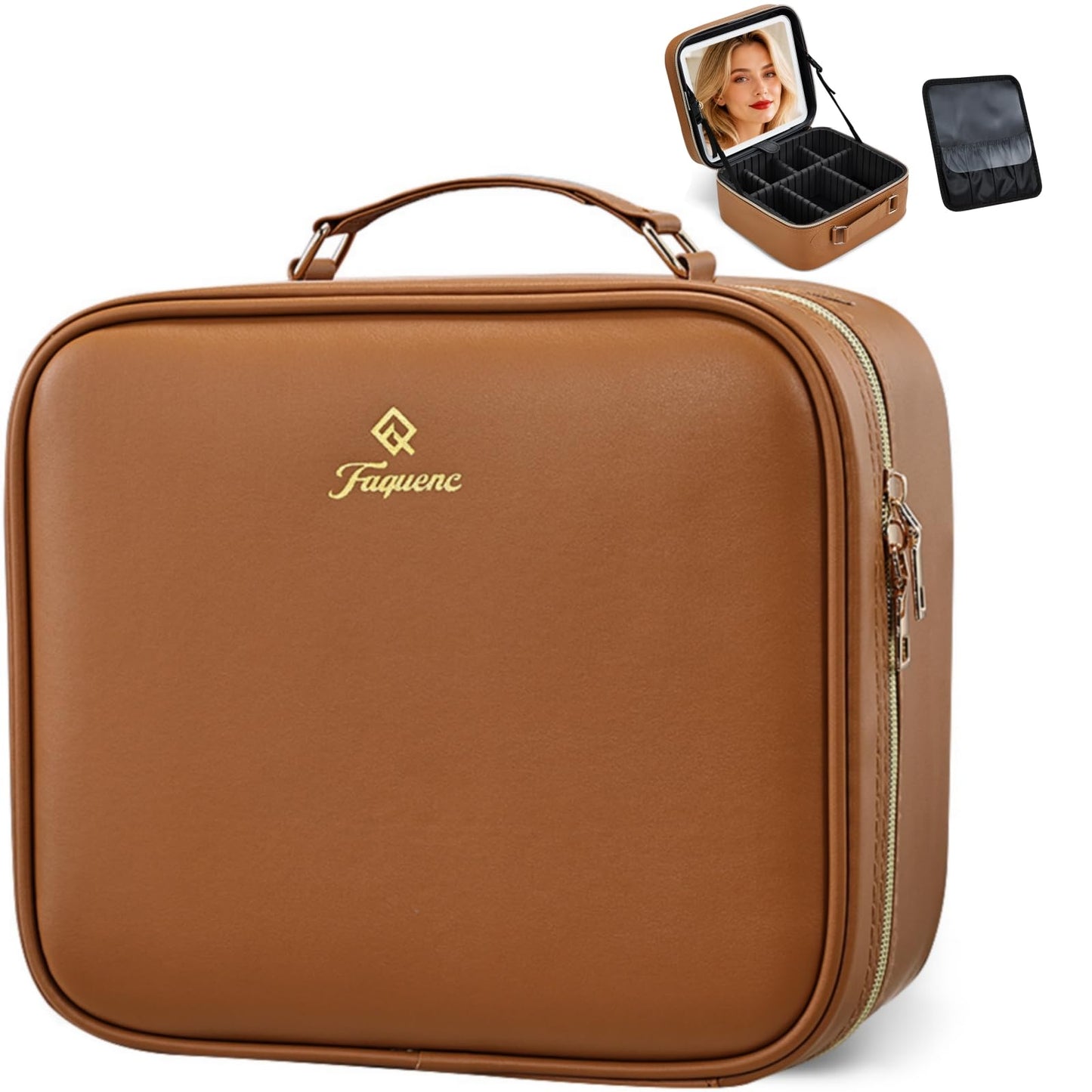Faquenc Makeup Bag with LED Lighted Mirror 10.2-in Travel Makeup Bag Train Case Adjustable Brightness in 3 Colors Cosmetic Organizer Case Artist Storage Bag with Dividers Brush Holder Bag Vanity Brown