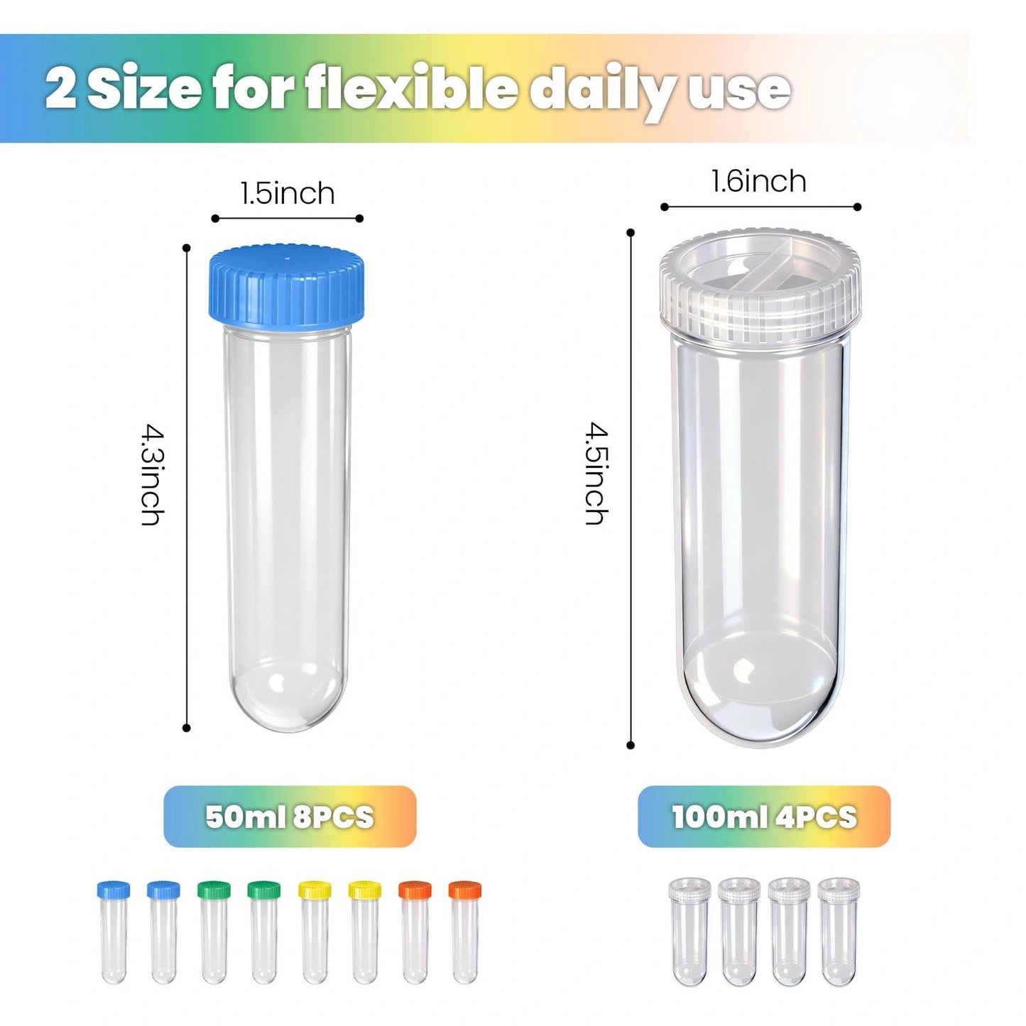 Protein Powder Travel Container Set 12 Pack – 8x50ml & 4x100ml Leak Proof Reusable Supplement Powder Container to Go with Funnel & Labels, Portable Gym Protein Storage for Fitness, Work, Travel