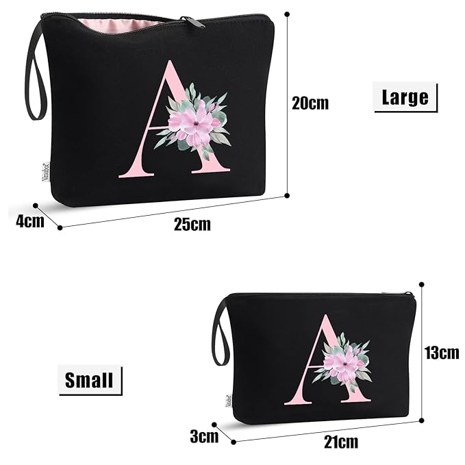 Vavabox A-Z Personalized Makeup Bag, Birthday Gifts for Women Mom, Gifts for Best Friend, Bride Bridesmaid Cosmetic bag (W, 04-Black Set)