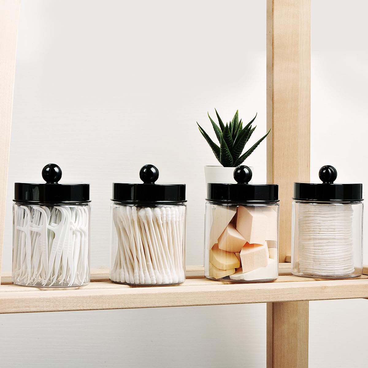 Amolliar Apothecary Jars Bathroom Vanity Storage Organizer Set -Countertop Canister Plastic Acrylic Jar - Farmhouse Decor Qtip Holder for Cotton Swabs,Makeup Sponges,Flossers ,Paper Clips-Black (4)