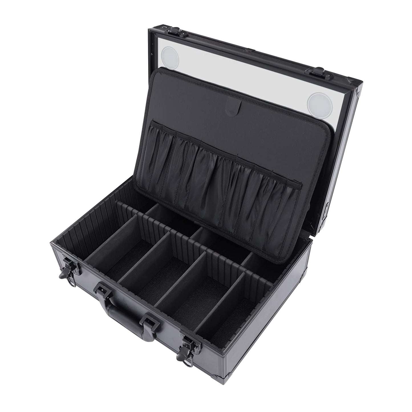 Fufiea Large Makeup Train Case with LED Mirror and Adjustable Dividers, Professional Cosmetic Organizer Box, 15lbs Capacity Waterproof Travel Case, Portable Black Makeup Suitcase for Artists