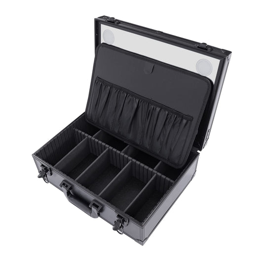 Fufiea Large Makeup Train Case with LED Mirror and Adjustable Dividers, Professional Cosmetic Organizer Box, 15lbs Capacity Waterproof Travel Case, Portable Black Makeup Suitcase for Artists