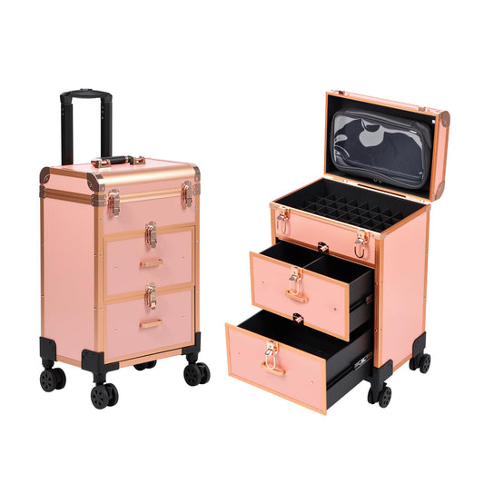3 in 1 Rolling Makeup Case, Professional Cosmetology Case on Wheels, Detachable Clear Makeup Bag & Nail Polish Organizer, Portable Makeup Trolley with Drawers for Makeup Artists & Nail Technicians
