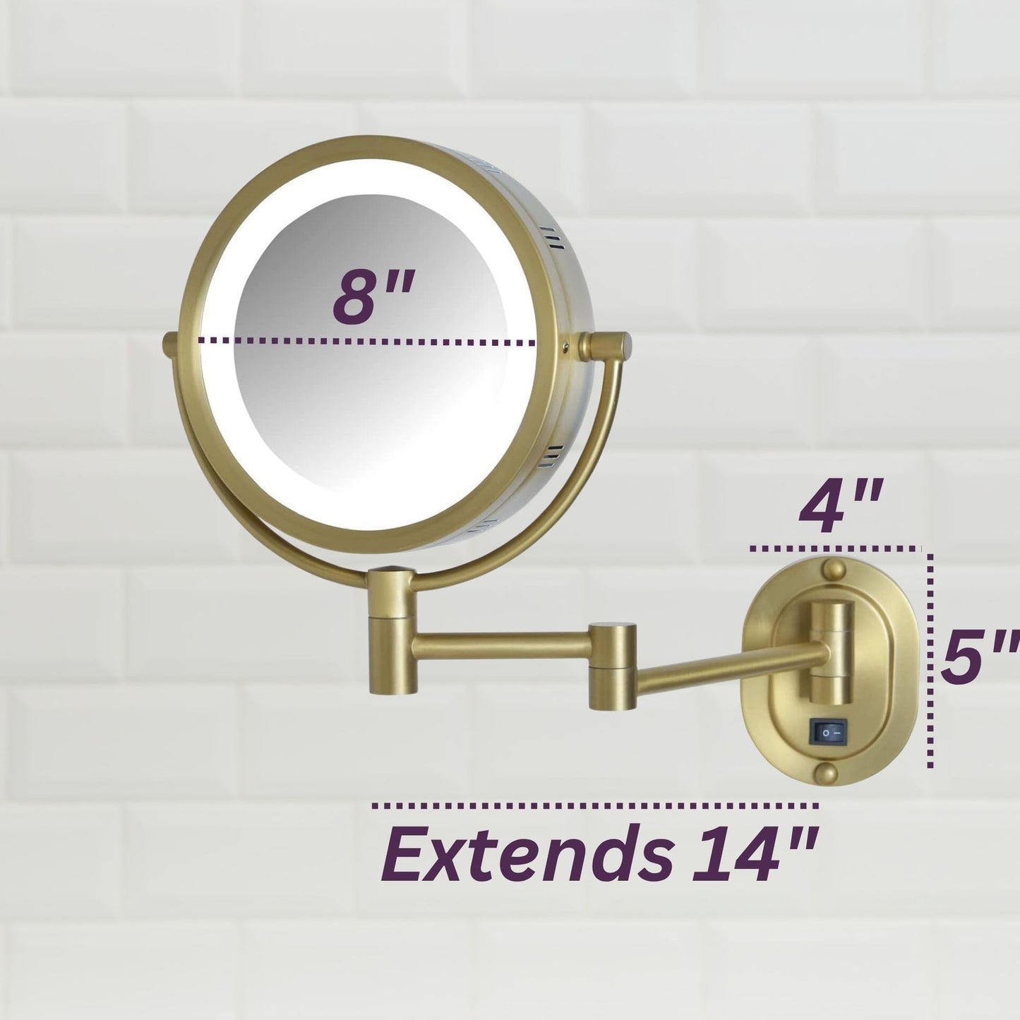 JERDON Wall-Mounted Makeup Mirror with 5X Magnification - Gold Makeup Mirror with LED Lights - Direct Wire - Model HL65BGD