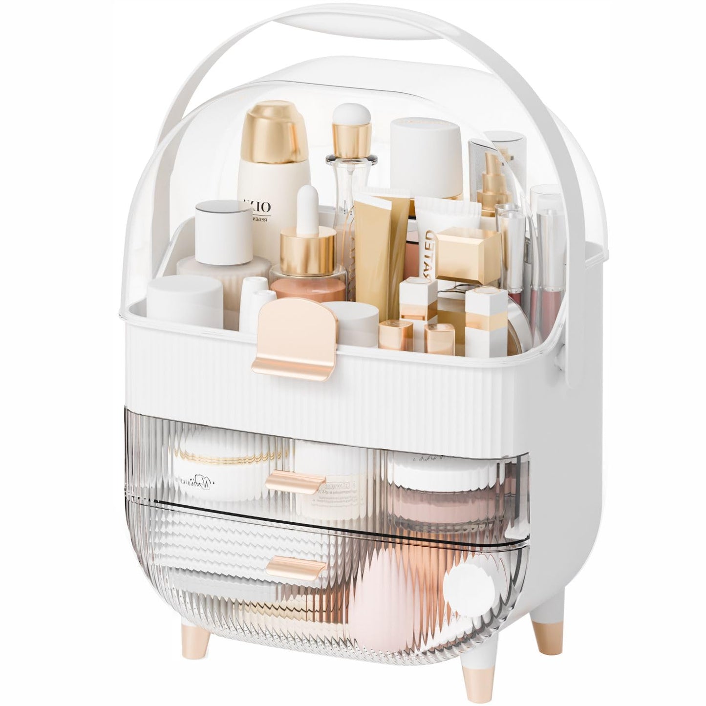 Yieach Countertop Makeup Organizer With Lid,Large Skincare Organizers With 2 Drawers,Dustproof Cosmetic Display Cases for Bathroom,Dresser,Lotion,Beauty,Skin Care Holder,Makeup Storage Organizer,White