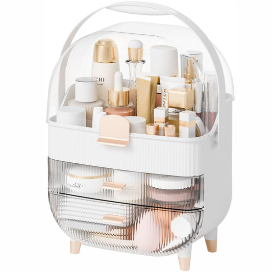 Yieach Countertop Makeup Organizer With Lid,Large Skincare Organizers With 2 Drawers,Dustproof Cosmetic Display Cases for Bathroom,Dresser,Lotion,Beauty,Skin Care Holder,Makeup Storage Organizer,White