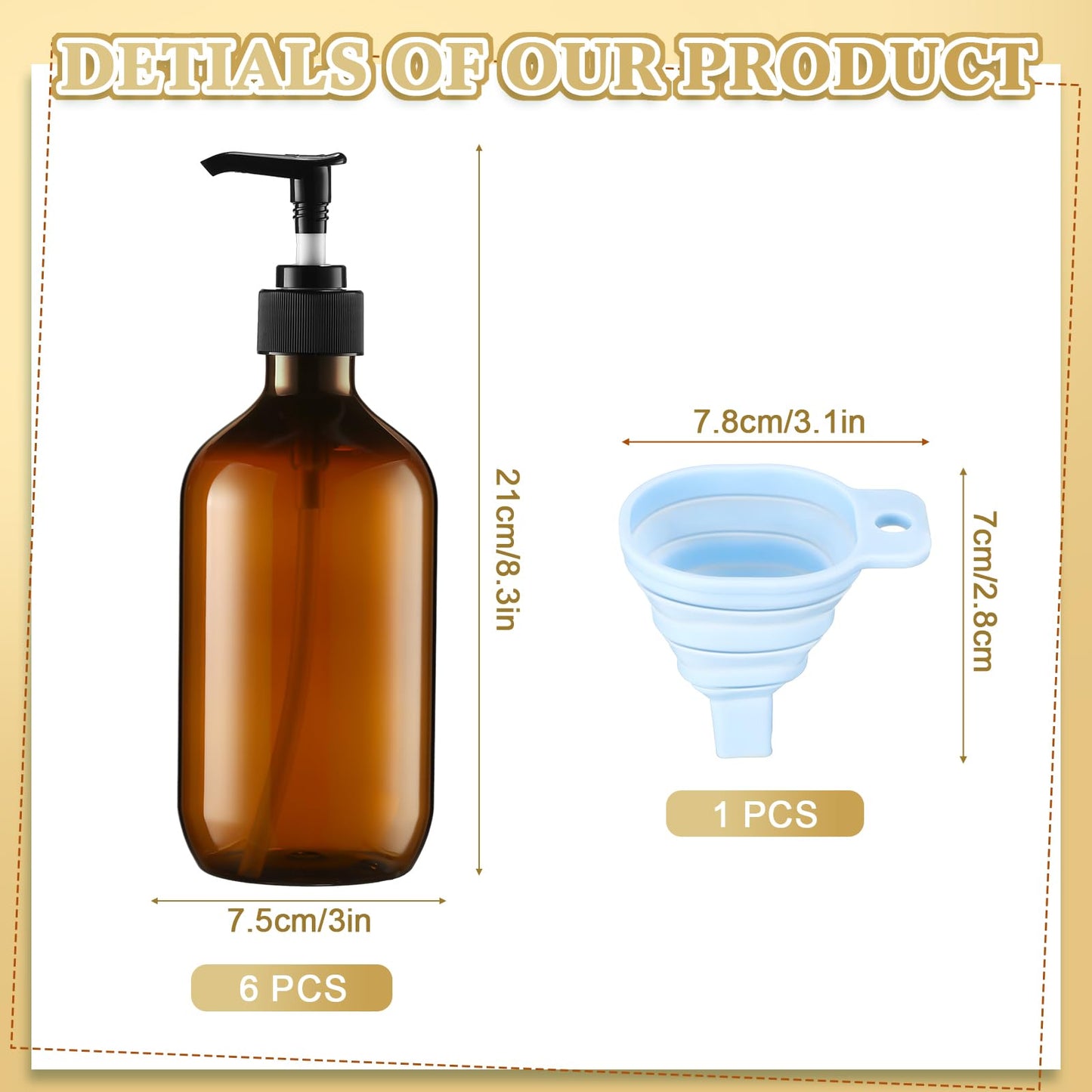 Sliner 6 Pcs Shampoo and Conditioner Dispenser Bottles 16.9 oz Plastic Shower Bottles with Pump and 1 Silicone Funnel Reusable Hand Soap Containers for Bathroom Shower(Amber)