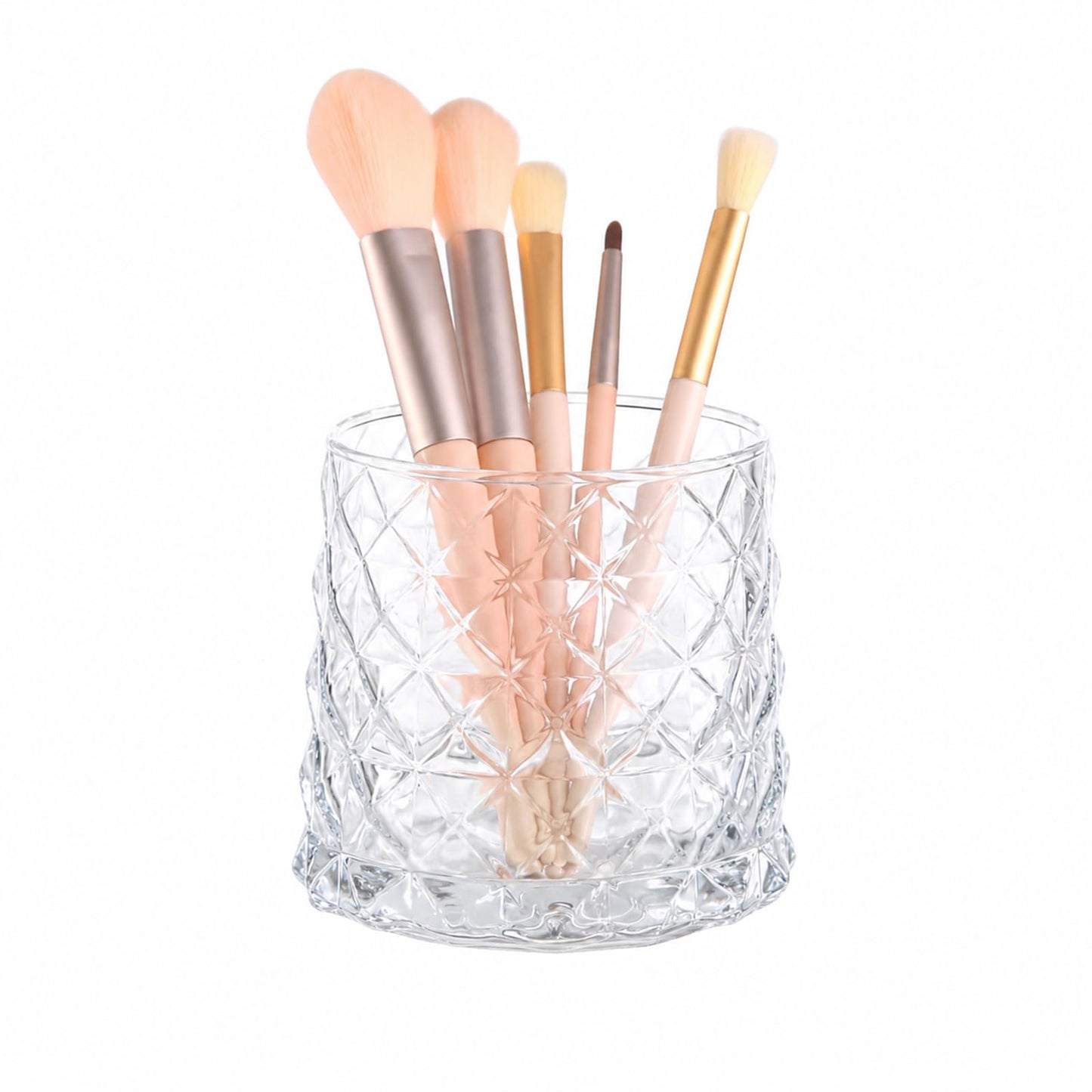 DASITON Glass Makeup Brush Holder Organizer, Diamond Pattern Cosmetic Storage Cup, Makeup Organizer for Vanity, Bathroom Countertop Toothbrush Holder, Desk Pen Pencil Holder (Clear)
