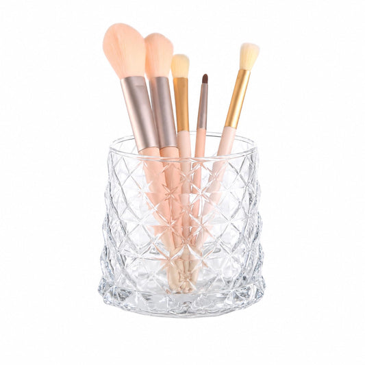 DASITON Glass Makeup Brush Holder Organizer, Diamond Pattern Cosmetic Storage Cup, Makeup Organizer for Vanity, Bathroom Countertop Toothbrush Holder, Desk Pen Pencil Holder (Clear)