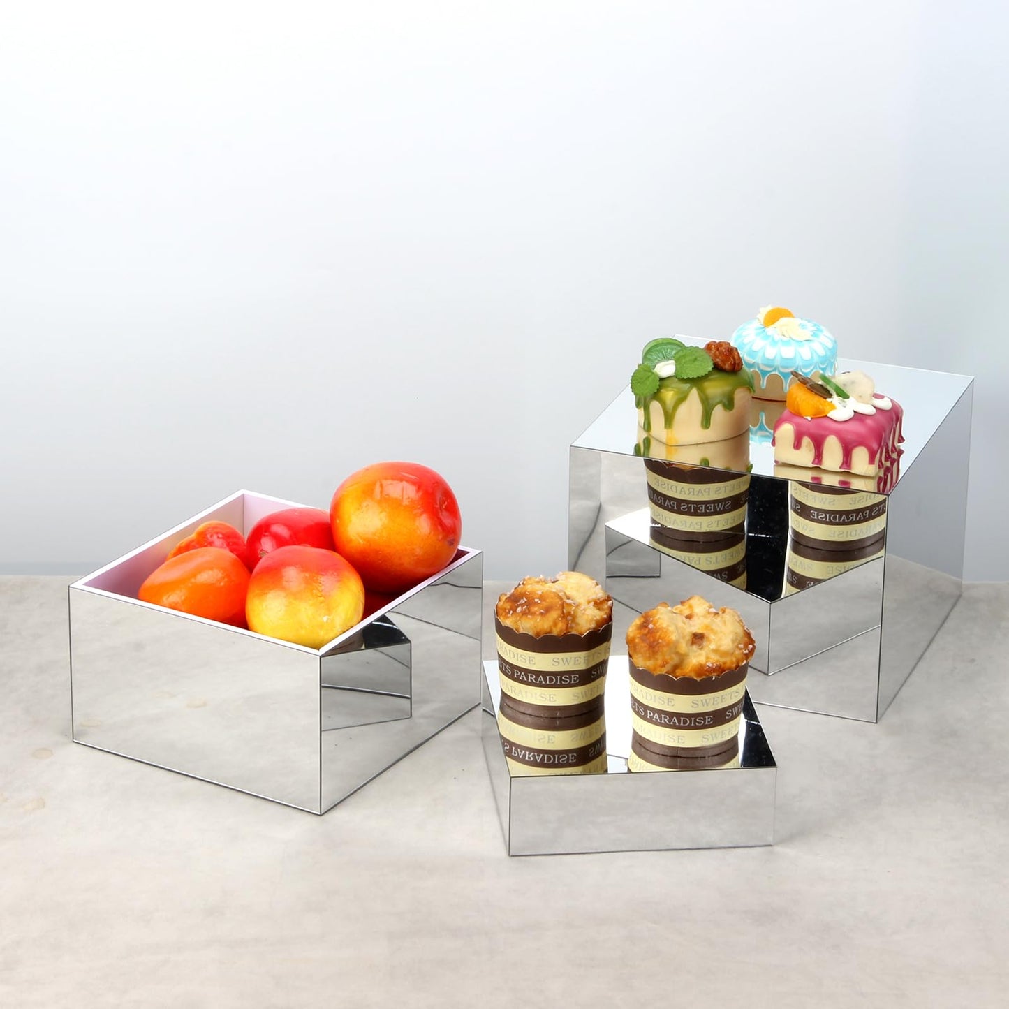 KCGANI Acrylic Silver Mirror Display Riser, 3 Pcs Glossy Silver Risers for Display Food Display Lifter Nesting Display Risers Hollow Bottom, Acrylic Box Rack Perfume Cosmetics Collection Stand