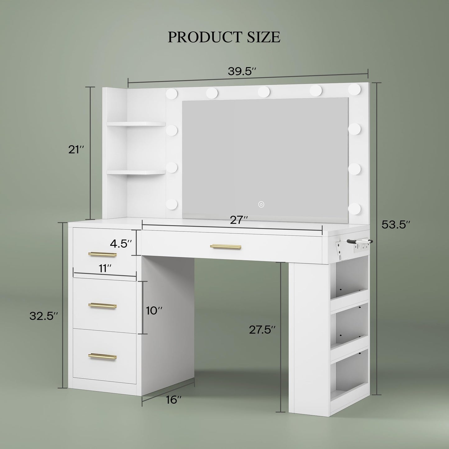 DWVO Makeup Vanity Desk with Mirror & Lights, 40inch Vanity Table with Power Outlets, 4 Drawers & 6 Open Storage Shelves, 3 Color Modes & Adjustable Brightness Dressing Table for Bedroom, White