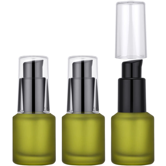 Segbeauty 0.5oz Frosted Glass Travel Size Containers for Lotions, 3pcs Mini Empty Lotion Bottles Pump Dispenser Refillable, 15ml Green Travel Containers for Creams, Small Hair Oil Pump Bottle Liquids