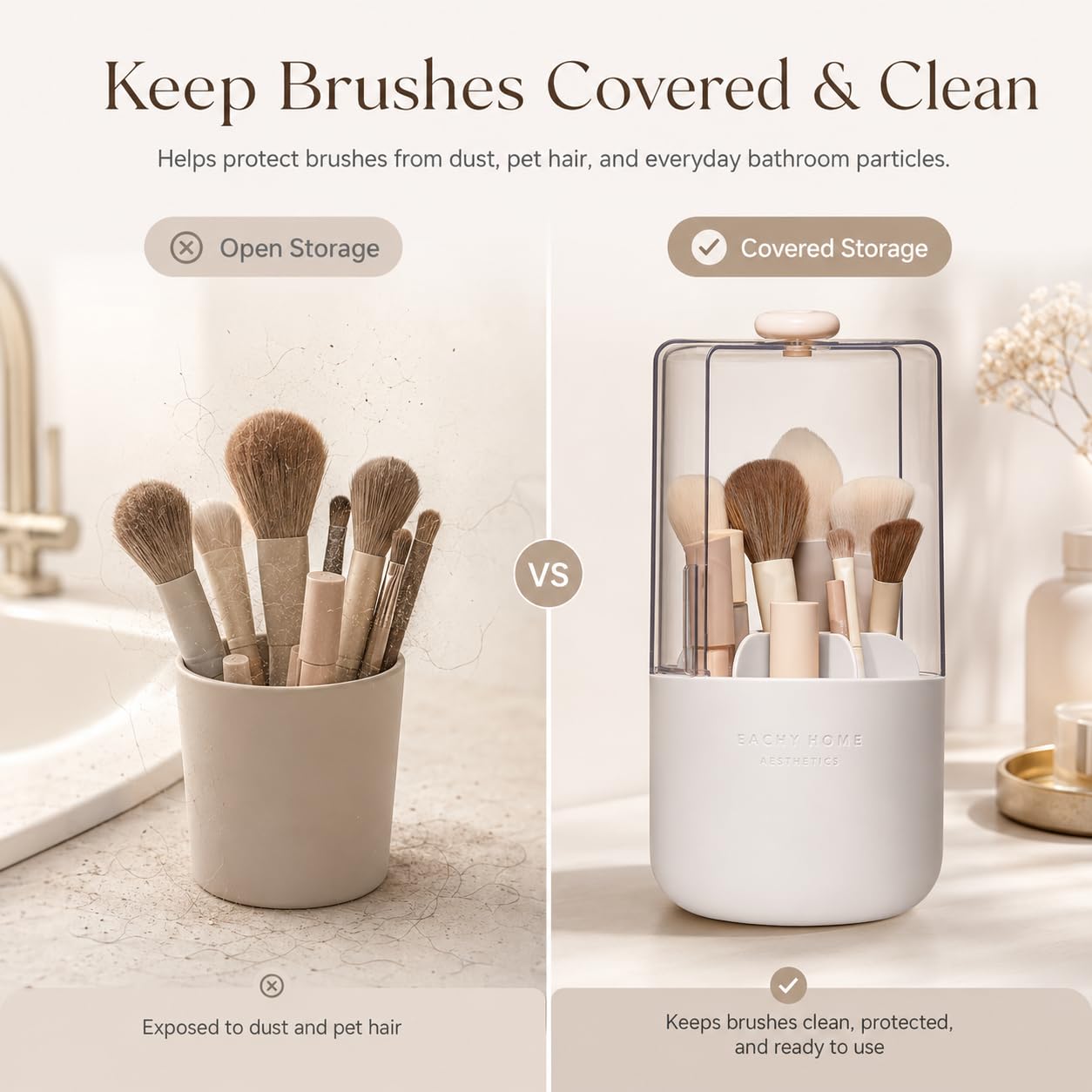 EACHY Makeup Brush Holder with Lid, 360° Rotating Vanity Organizer for Brushes, Dustproof Cosmetic Display Case, 7 Compartments, Waterproof Plastic (White)