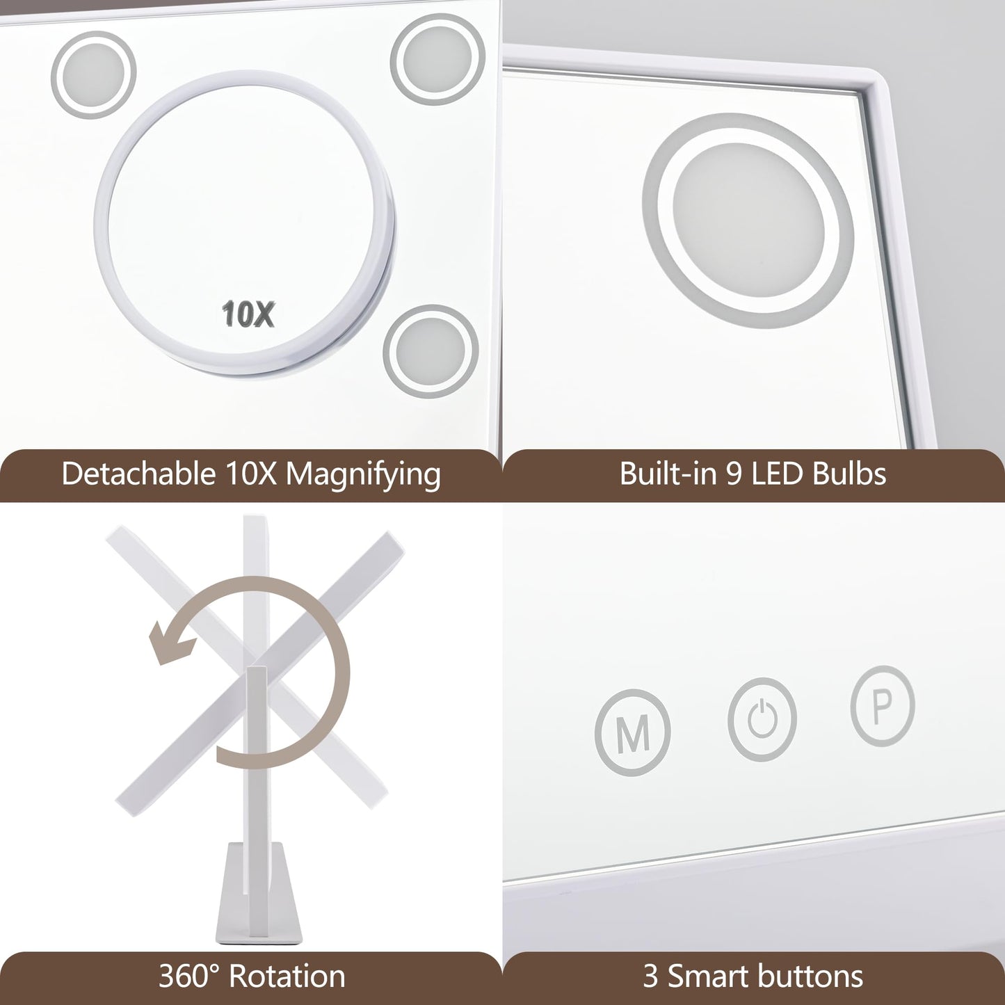 SLIMOON Lighted Makeup Mirror, Hollywood Vanity Mirror with 9 LED Bulbs, 3 Color Lights, and Detachable 10X Magnification Mirror, 1200mAh Rechargeable, Touch Control, 360°Rotation, White 14.05" * 12"