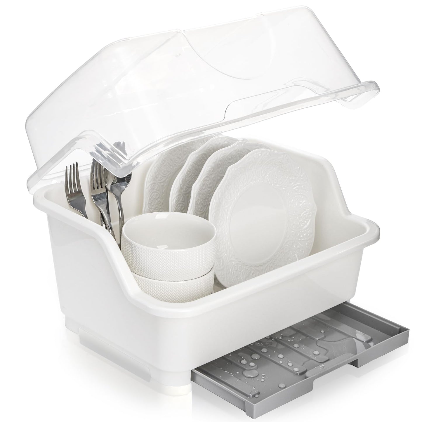 Acshio Dish Drying Rack, Plastic Plate Cup Dryer Holder with Lid Removable Drainboard, Cutlery Utensil Dish Nursing Bottle Organizer for Tableware, Kitchen Cabinet