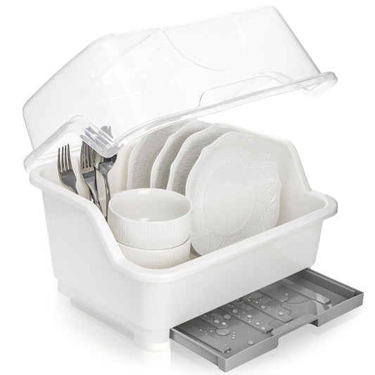 Acshio Dish Drying Rack, Plastic Plate Cup Dryer Holder with Lid Removable Drainboard, Cutlery Utensil Dish Nursing Bottle Organizer for Tableware, Kitchen Cabinet