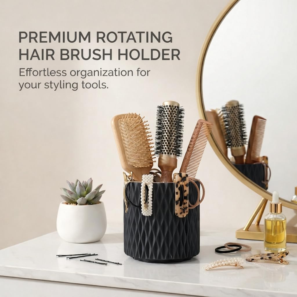 Imakmasion Makeup Brush Holder Organizer, 360° Rotating 5-Slot Make up Brushes Cup for Cosmetic, Lipstick, Hair Brush Holder - Spinning Vanity Countertop Caddy for Bathroom, Dorm & Office, Black