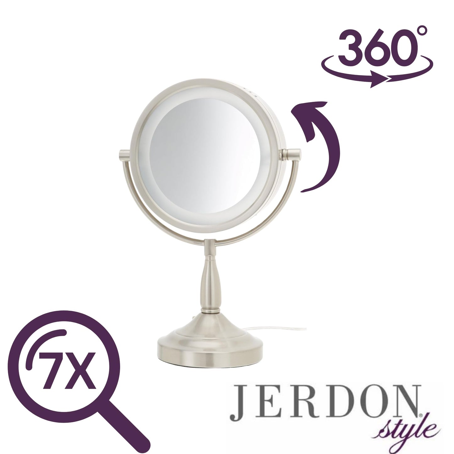 JERDON LED Lighted Tabletop Vanity Makeup Mirror – 8.5” Diameter with 7X-1X Magnification – Nickel Finish – Power Cord and Plug – Model LT856N