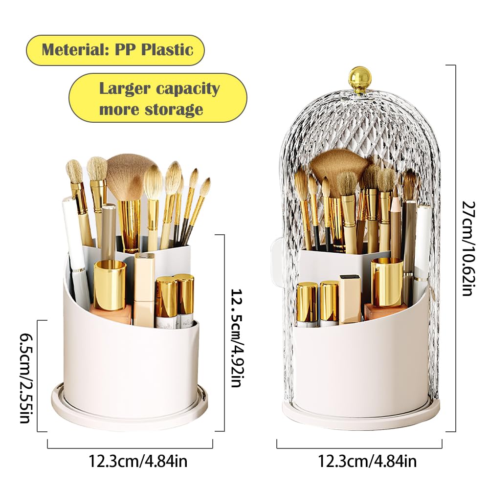 JIANGLAI Makeup Brush Holder with Lid, 360 Rotating Multifunction Clear Dustproof Skincare Cosmetic Tools Storage Organizer for Vanity Desktop Bathroom Countertop (White)