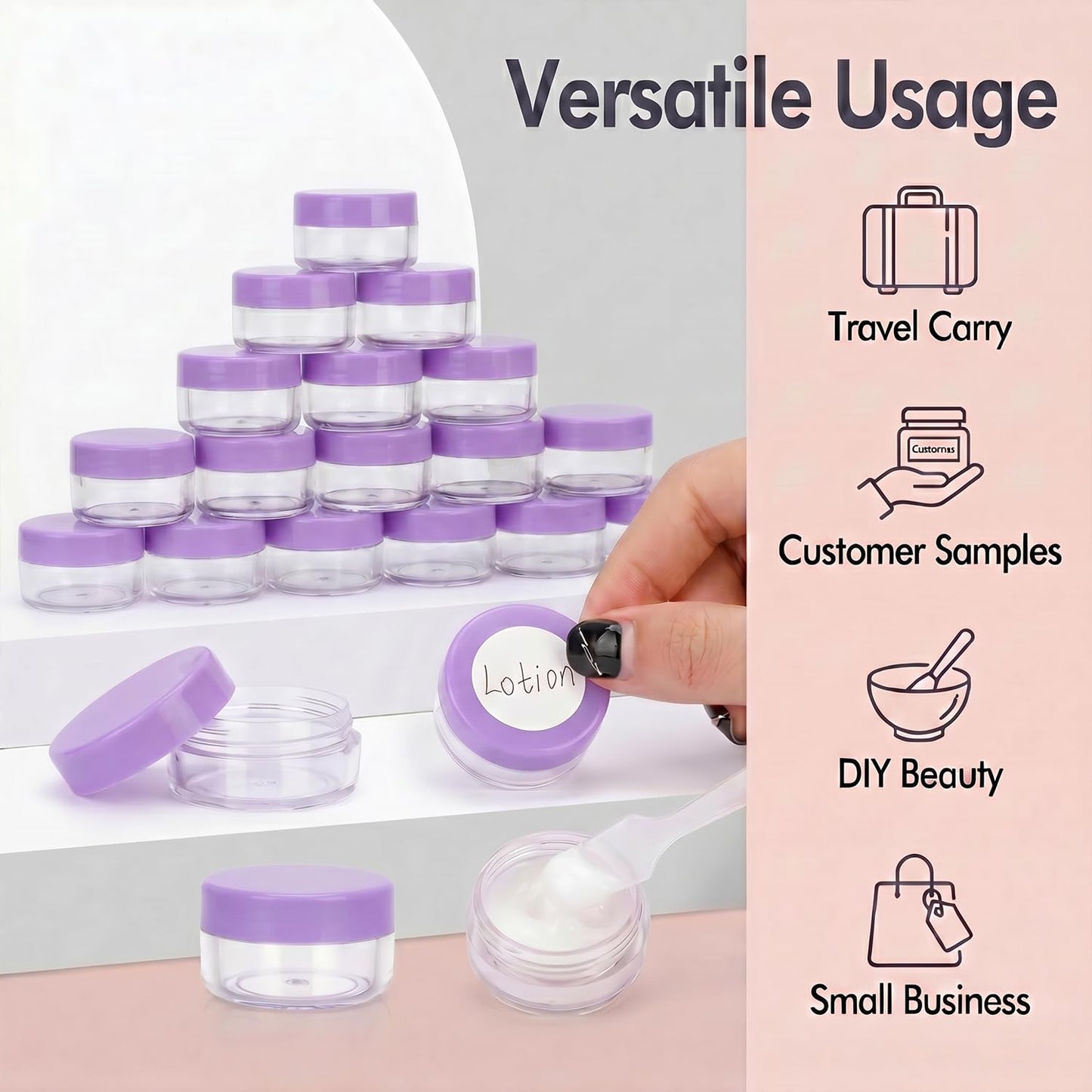 5 Gram Sample Jars with Lids, 100 Count 5ML Empty Cosmetic Containers for Makeup, Travel, Glitter, Lotion, Cream, Beads, with Labels, Mini Spatulas