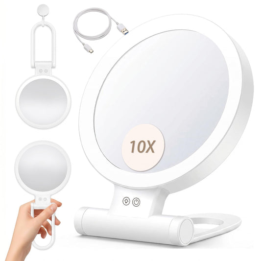 BASILKIT 1X/10X Lighted Makeup Mirror with Magnification, Double-Sided Magnifying Mirror with 3 Color Lights, Brightness Adjustable, Foldable Handheld Makeup Mirrors Portable for Travel & Desktop Use