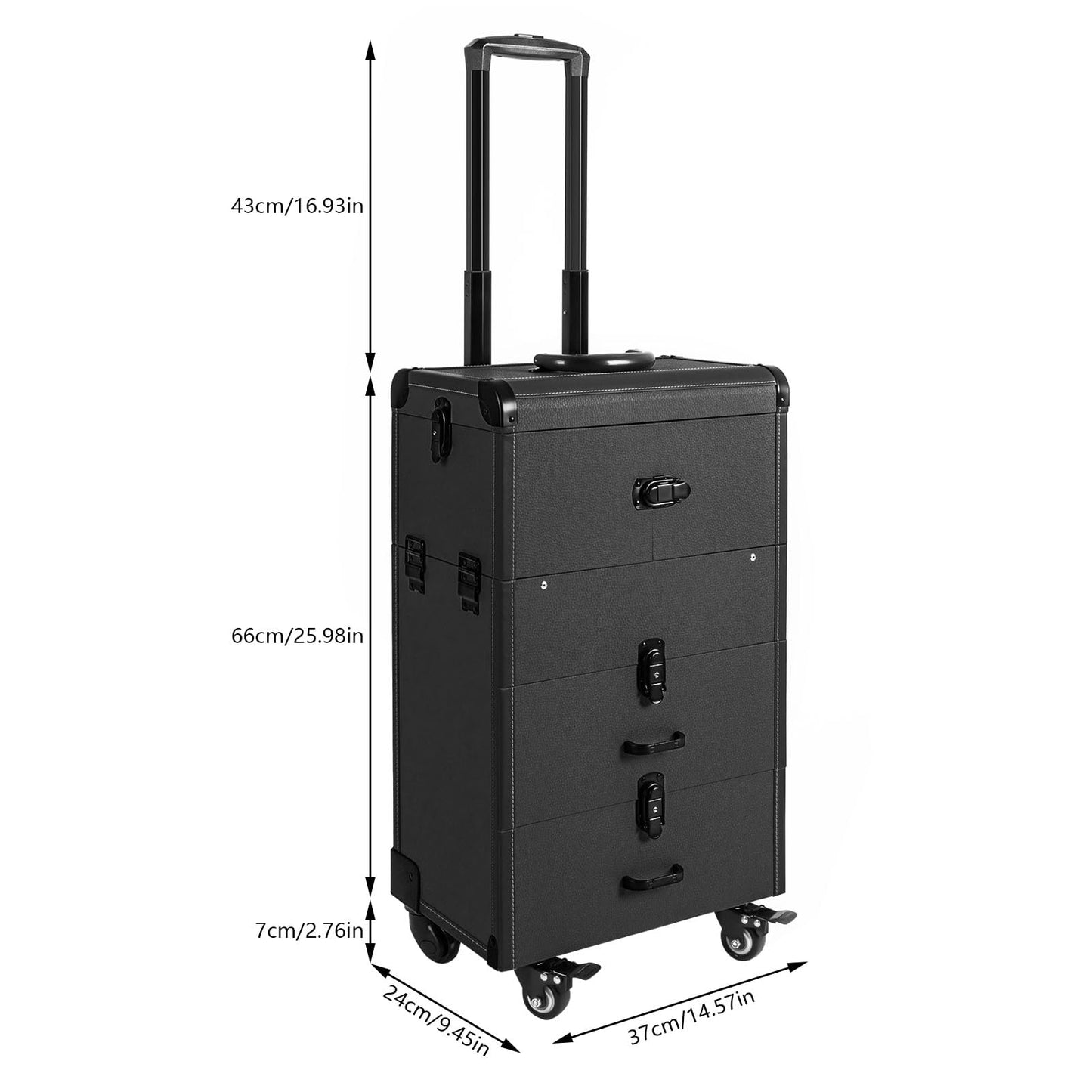 Lockable Rolling Makeup Train Case, 14.57*9.45*25.98in 3 In 1 Rolling Makeup Case Portable Cosmetic Organizer Trolley Large Make Up Cosmetic Orgainzer with Locks for Makeup Artists Hairdressers