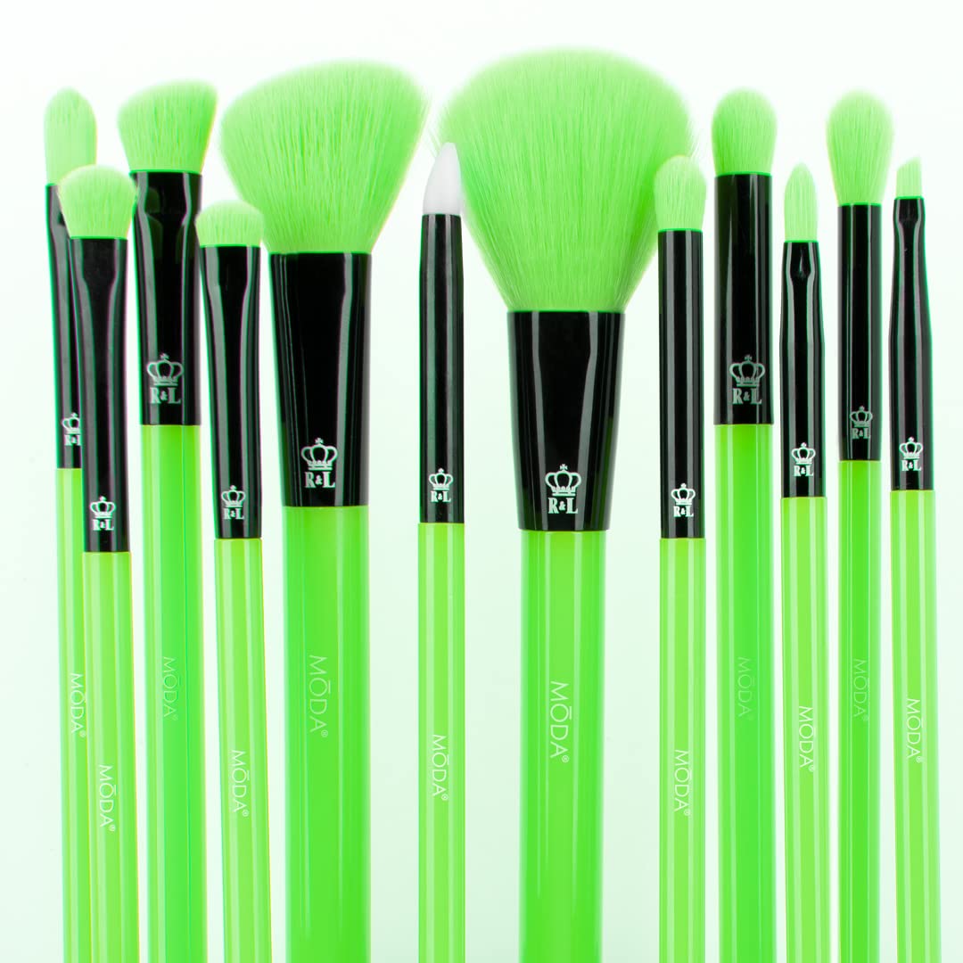 MODA Neon Green Makeup Brush Set, 12pc Vegan Face and Eye Brush Kit, for Foundation, Blush, Powder and Eyeshadow, Ultra Soft Synthetic Bristles, for Smooth Blending and Flawless Finish