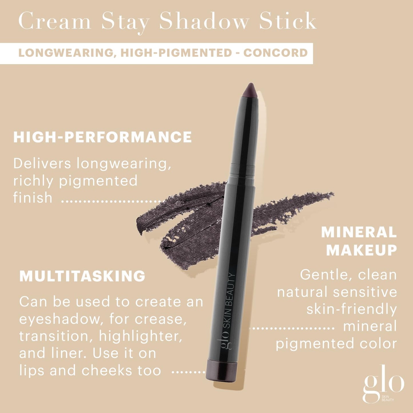Glo Skin Beauty Cream Stay Shadow Stick (Concord) - Multi-Purpose Eyeshadow Mineral Makeup Can Also Be Used as Liner on Lips or Cheeks, 12-Hours of Wear