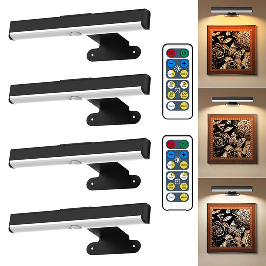 4Pack Wireless Picture Light with Remote,Battery Operated Wall Sconces for Wall Decor,3 Color Timer&Dimmable Paintings Light LED Art Display Lamp Picture Frame Light for Artwork Posters Gallery-Black