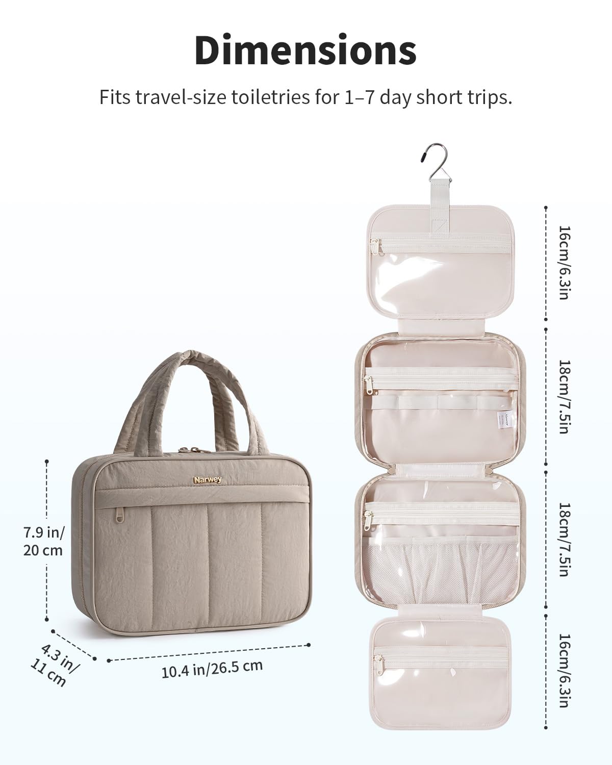 Narwey Hanging Travel Toiletry Bag for Women, Quilted Makeup Bag Organizer with Handle, Travel Bathroom Bag, Portable Toiletries Bag for Essentials, Accessories, Brushes, Cosmetics (Khaki)