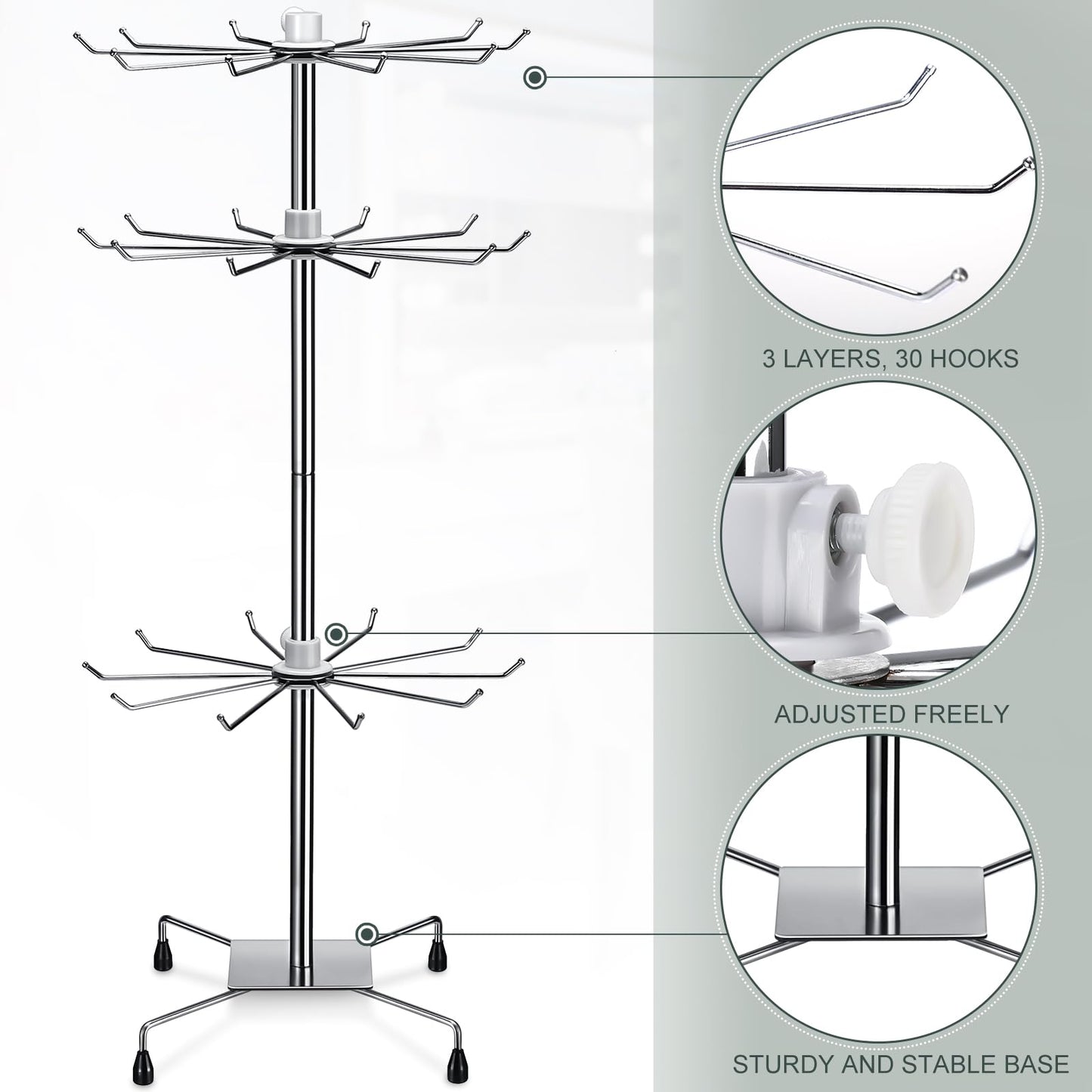 BBTO 2 Pcs Rotating Display Stand Jewelry Display Rack with Hooks Metal Earrings Stand for Vendors Necklace Bracelet Selling(Silver,28.35 x 11.81 Inch)