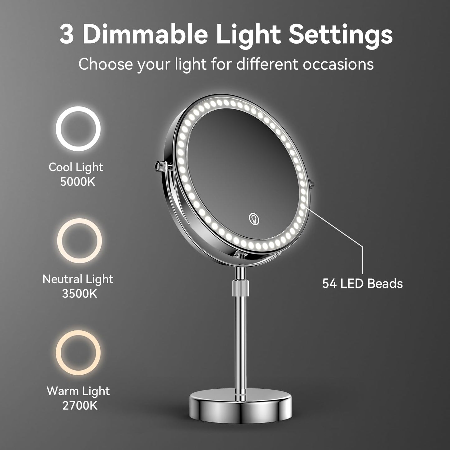 Nicesail LED Lighted Makeup Mirror Tabletop, 10X Magnifying Mirror with 3 Color Lights, Brightness Adjustable Height, Light up for Desk Make up Vanity Table, Double Sided Chrome Finish (8 Inch, 10X)