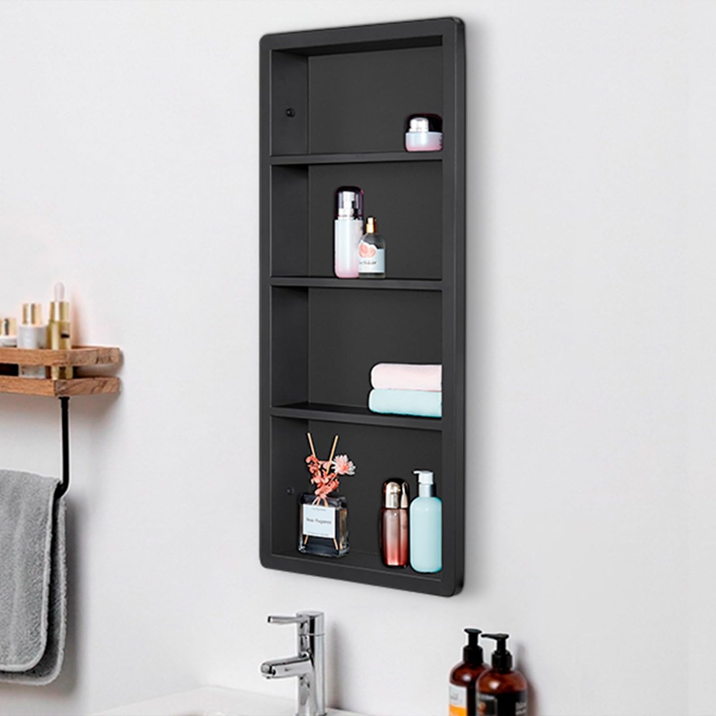 IDYLLOR Recessed Medicine Cabinet, 304 Stainless Steel Wall Niche Shower Shelf for Bathroom, Waterproof Rustproof Storage Organizer, 14" x 34", Matte Black (No Mirror)