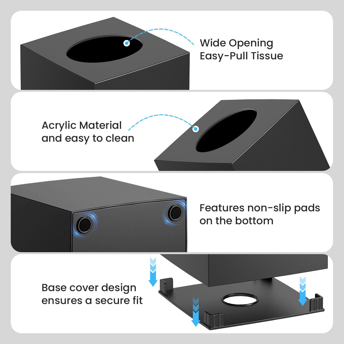 2 Pack Tissue Box Cover Black, Square Acrylic Tissue Holder, Decorative Facial Tissue Box Vessel Cube Paper Organizer Dispenser for Bathroom Office, Night Stand, Desk, Car, Vanity, Countertops