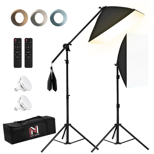 NiceVeedi 85W Photography Lighting, 2-Pack 20'' x 28'' Professional Softbox Lighting Kit with 53'' Boom Arm & 91'' Tripod Stand, Remote Control, Studio Lights for Live Streaming/Portrait/Photography