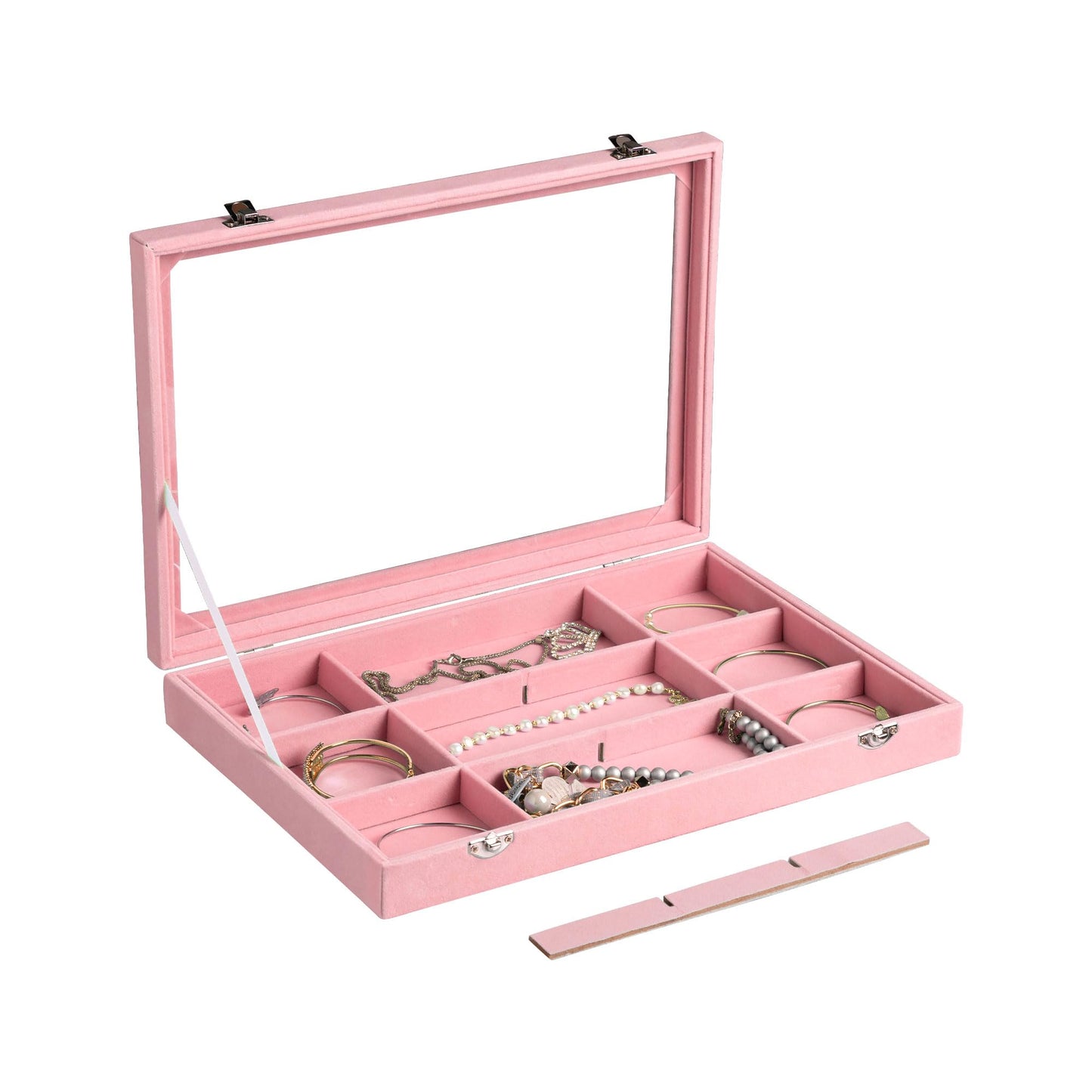 Frebeauty Velvet Jewelry Tray,12 Grid Jewelry Organizer with Clear Lid,Bracelets Holder,Jewelry Display Case with Clasp,Drawer Insert Bangle Brooch,13.8 x 9.5 x 2 Inches,Gift for Women Girls(Pink)