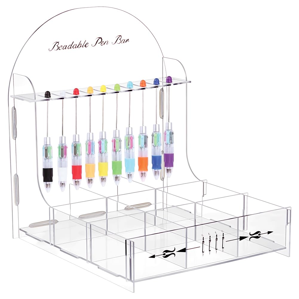 NBEADS Beadable Pen Storage Organizer, Acrylic Pen Display Stand with Sorting Tray 10 Slots with 9 Grid Organizer Box for DIY Home Office Desk School Supplies