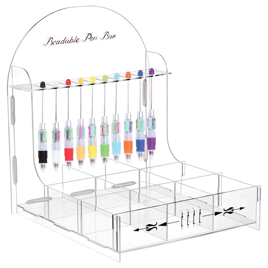 NBEADS Beadable Pen Storage Organizer, Acrylic Pen Display Stand with Sorting Tray 10 Slots with 9 Grid Organizer Box for DIY Home Office Desk School Supplies