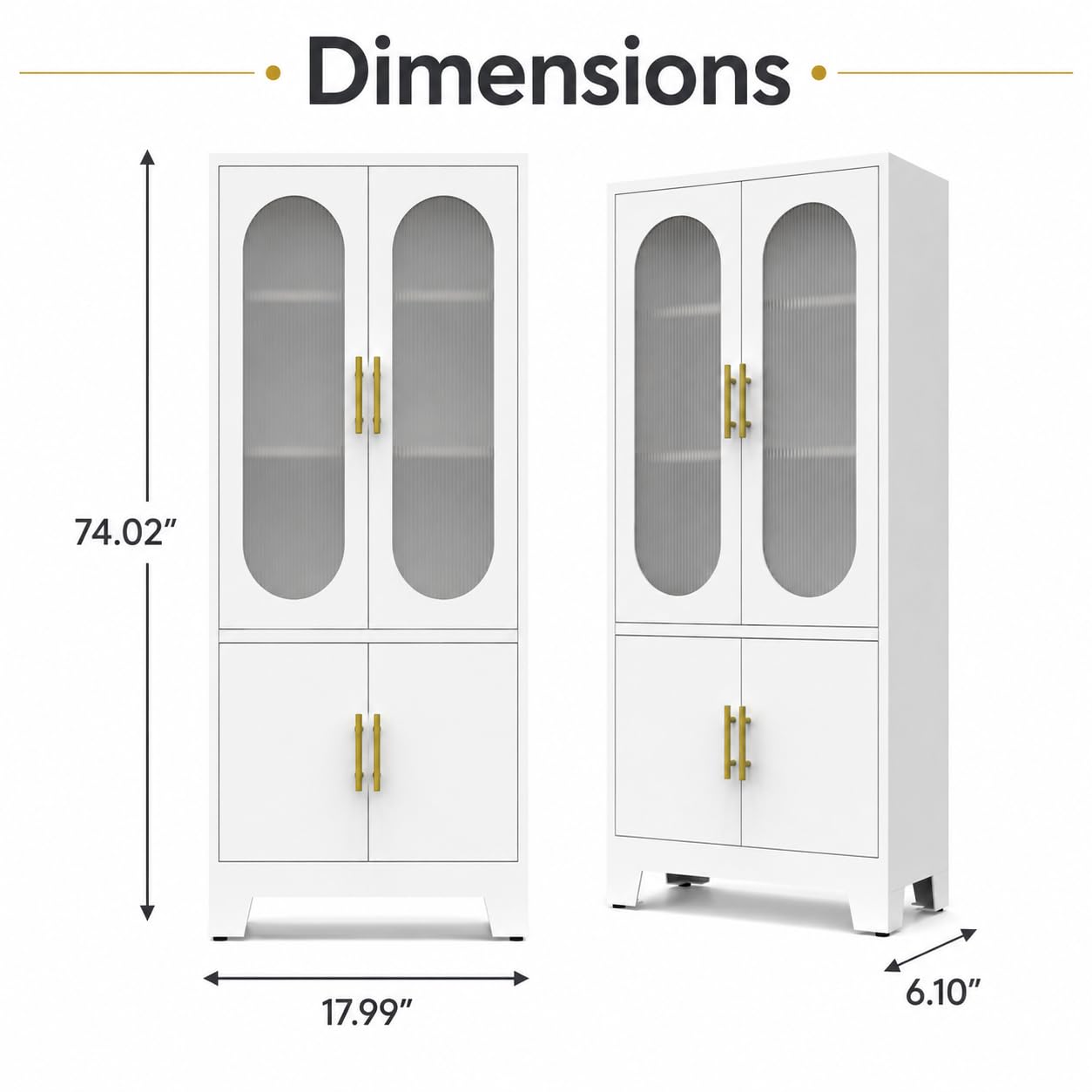 Garvee 74" H Tall Storage Cabinet, Freestanding Pantry Cabinet, Frosted Glass and Fluted Doors, 4 Door Cabinet with Adjustable Shelf, for Kitchen, Bathroom, Dining Room, Living Room, Office, White