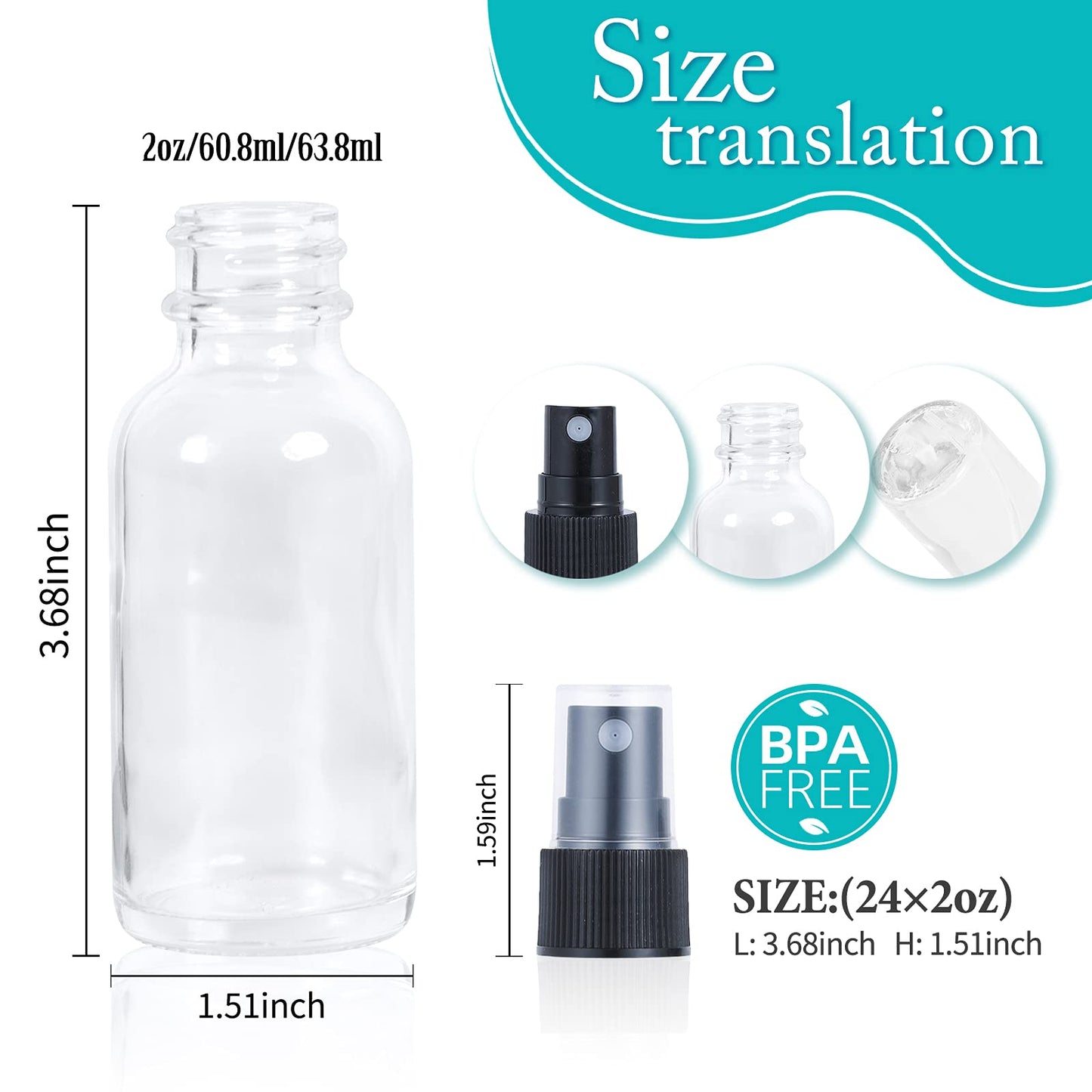 YONKAN 2oz Glass Spray Bottle, Fine Mist Boston Glass Bottles with Black Fine Mist Sprayer Small Clear Bottles for Essential Oils, Bath, Beauty, Hair & Cleaning, Clear, Pack of 24