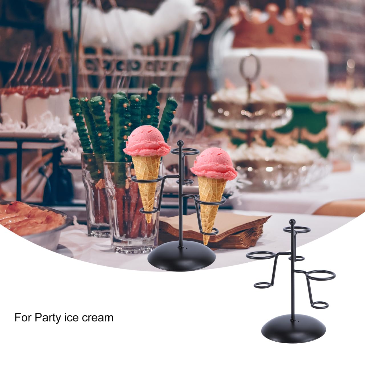 MAGICLULU Ice Cream Cone Holder Stand, 3 Holes Metal Waffle Display Rack, Black Iron Art Countertop Server Counter Station For Party Table, Bakery, Dessert Shop, Cupcake Pop Centerpiece