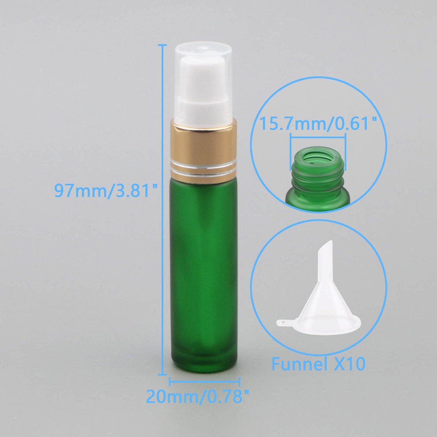 Newzoll 10Pcs Glass Spray Bottles, 10ml (1/3oz) Matte Green Sprayer Bottle with Funnels Droppers, Fine Mist Sprayer Atomizer Vials for Essential Oils Perfume Cosmetic Liquid