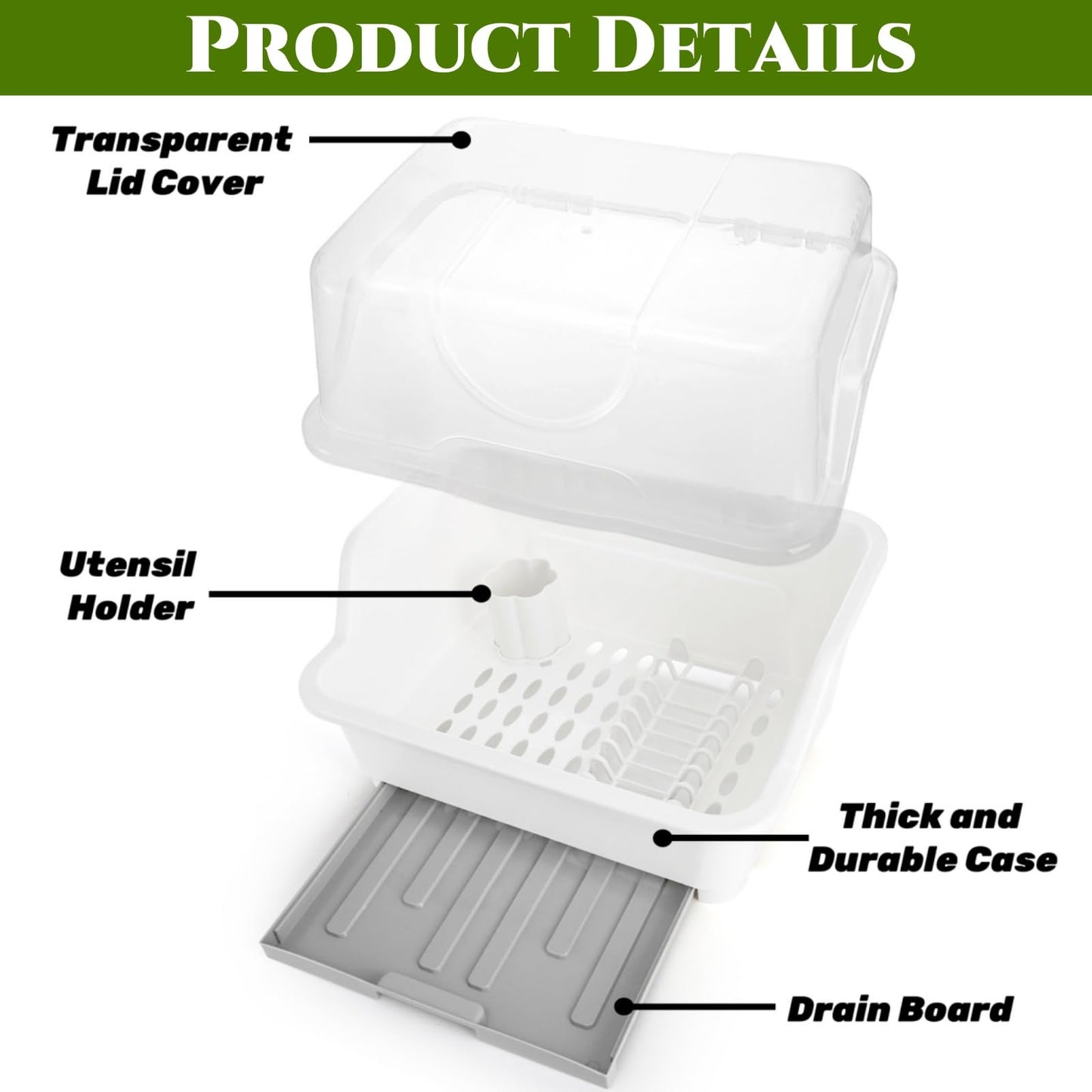 Acshio Dish Drying Rack, Plastic Plate Cup Dryer Holder with Lid Removable Drainboard, Cutlery Utensil Dish Nursing Bottle Organizer for Tableware, Kitchen Cabinet