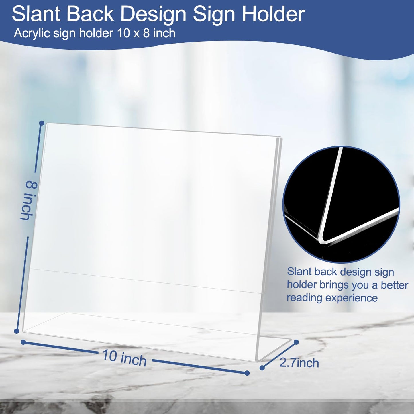 Wbtran Slanted Back Acrylic Sign Holder 8 x 10 Horizontal, Acrylic Stands for Display 10 x 8, Clear Tabletop Plastic Paper Sign Holder for Office, Home, Restaurant (6 Pack 10x8 Inches)