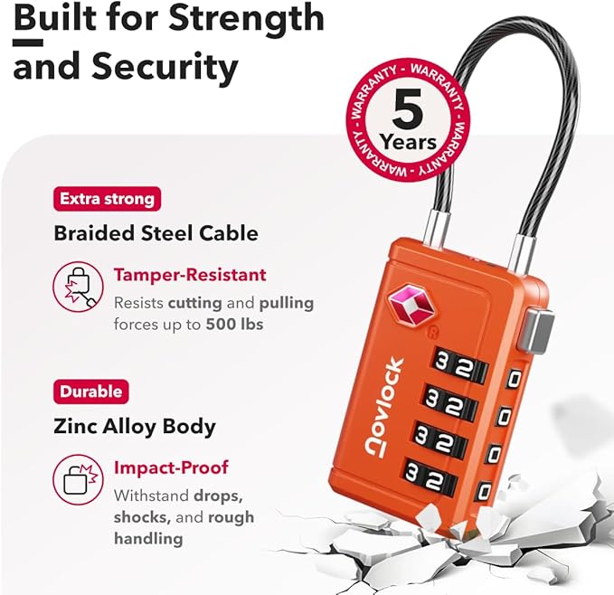 TSA Approved Luggage Locks | Inspection Indicator, 4-Digit Combination, Durable Zinc Alloy | for Suitcases, Backpacks, Travel Bags | Orange, 10-Pack