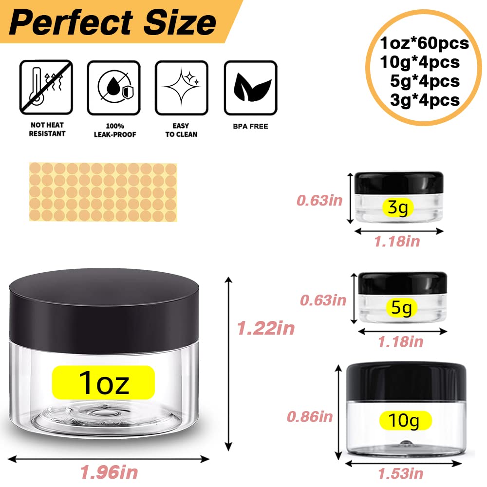 1 oz Plastic Containers with Lids 60pcs Plastic Jars with Lids + 3/5/10 Gram 12pcs Sample Containers Travel Jar– Great for Lip Scrub, Body Butters, Cream, Lotion, Labels & Spatulas (72 Pack)