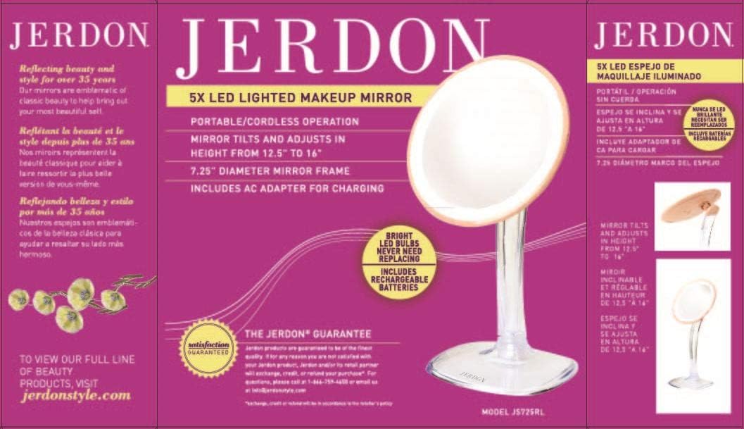 JERDON Lighted Tabletop Makeup Mirror - Makeup Mirror with 5X Magnification in Rose Gold Finish - 7.25-inch Round Vanity Mirror - Model JS725RL